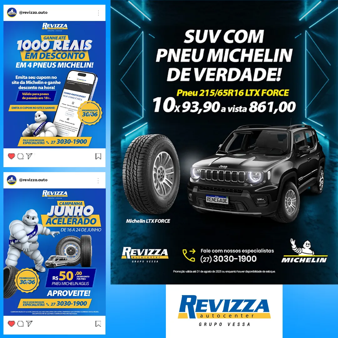 Peças da campanha Revizza Autocenter com a Michelin no Instagram: cupom de desconto em 4 pneus, campanha Junho Acelerado e oferta de pneu para SUV